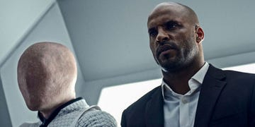 Chin, Collar, Mammal, Dress shirt, Jaw, Neck, Facial hair, Sweater, Portrait photography, Buzz cut, 