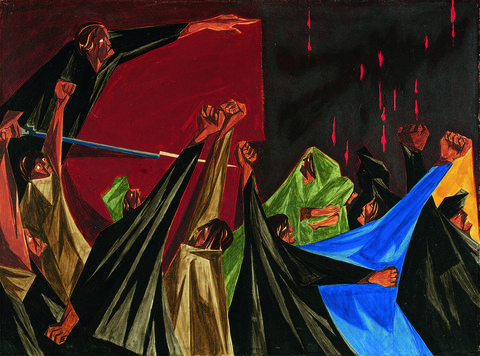 jacob lawrence,    is life so dear or peace so sweet as to be purchased at the price of chains and slavery —patrick henry, 1775, panel 1, 1955, from struggle from the history of the american people, 1954–56, collection of harvey and harvey ann ross © 2019 the jacob and gwendolyn knight lawrence foundation, seattle  artists rights society ars, new york