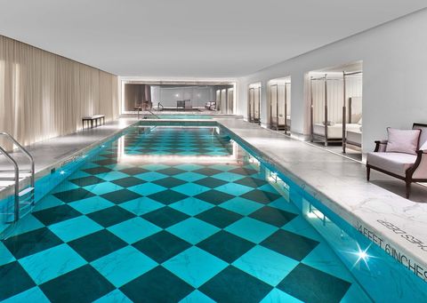 Swimming pool, Property, Floor, Turquoise, Tile, Blue, Interior design, Room, Building, Wall, 