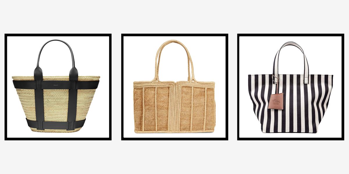 three market tote bags in front of white backgrounds with contrasting outlines in a roundup of the best market bags 2022