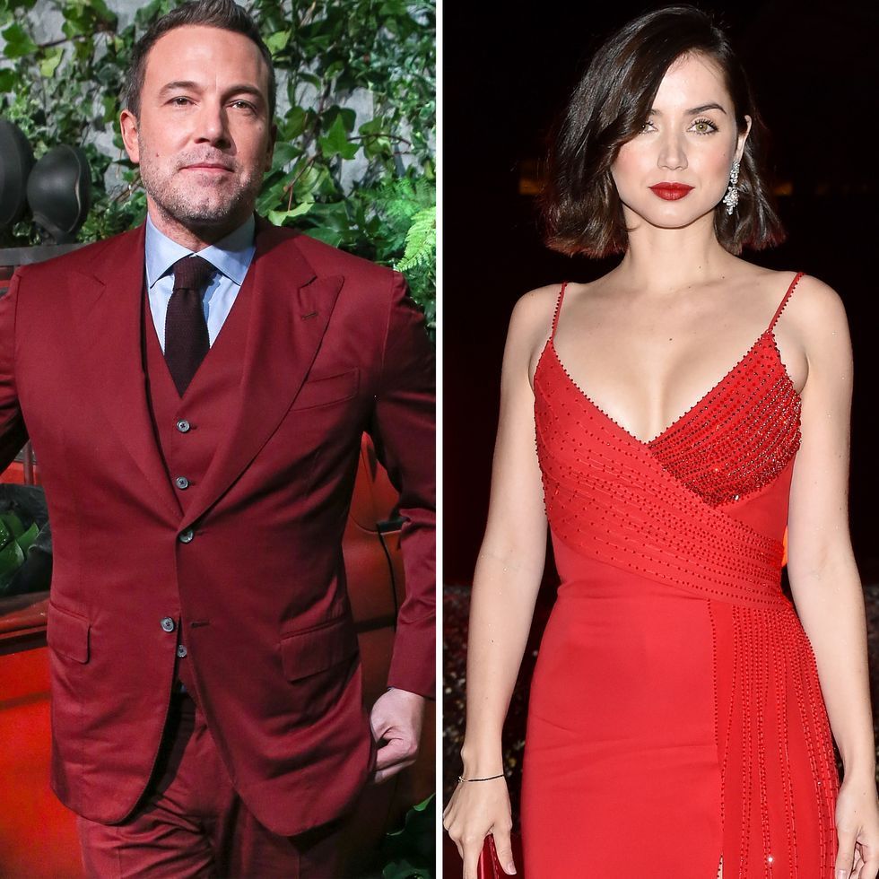 Two separate photos of Ben Affleck and Ana de Armas. Affleck wears a maroon suit while de Armas wears a hot red gown.