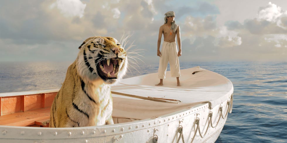 a tiger in a boat with a figure standing on it