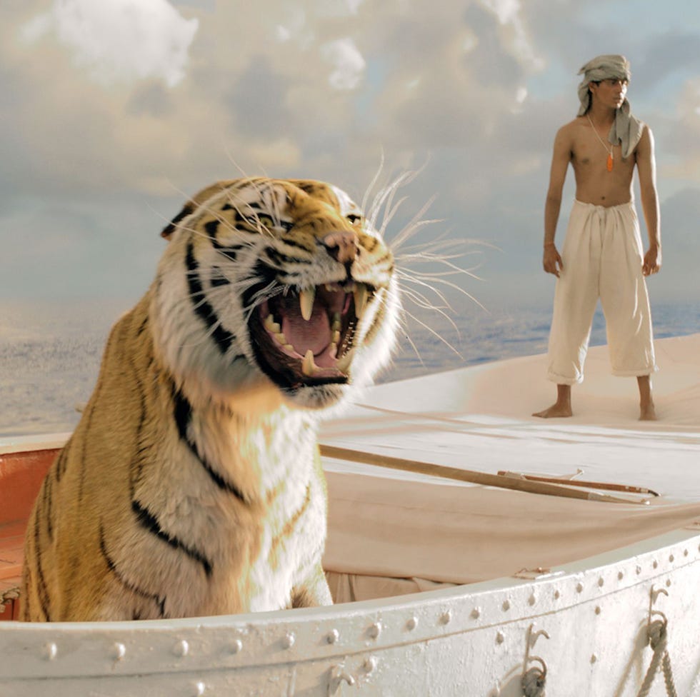 a tiger in a boat with a figure standing on it a tiger in a boat with a figure standing on it
