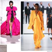 Fashion model, Clothing, Fashion, Orange, Yellow, Pink, Formal wear, Fashion design, Dress, Footwear, 