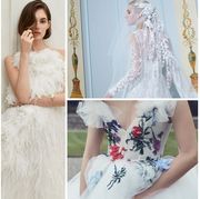 Wedding dress, Clothing, Dress, Gown, Shoulder, Bridal clothing, Fashion, Veil, Bride, Lace, 