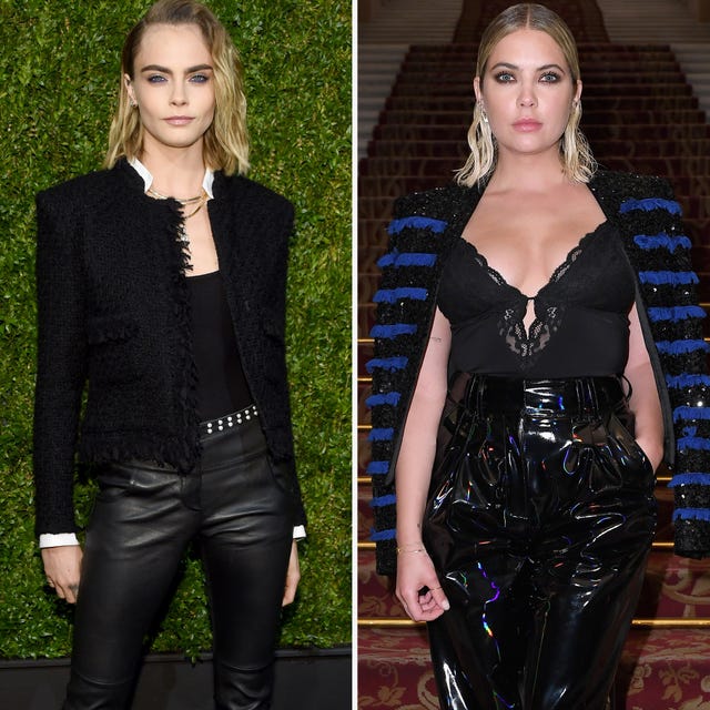 Cara Delevingne Wearing Blue Shirt and Black Leather Pants