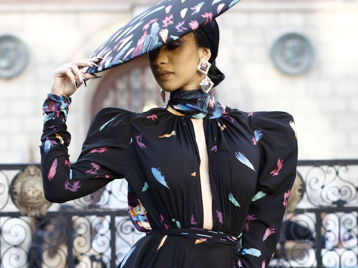 Cardi B Wears Michael Costello Look at Paris Fashion Week