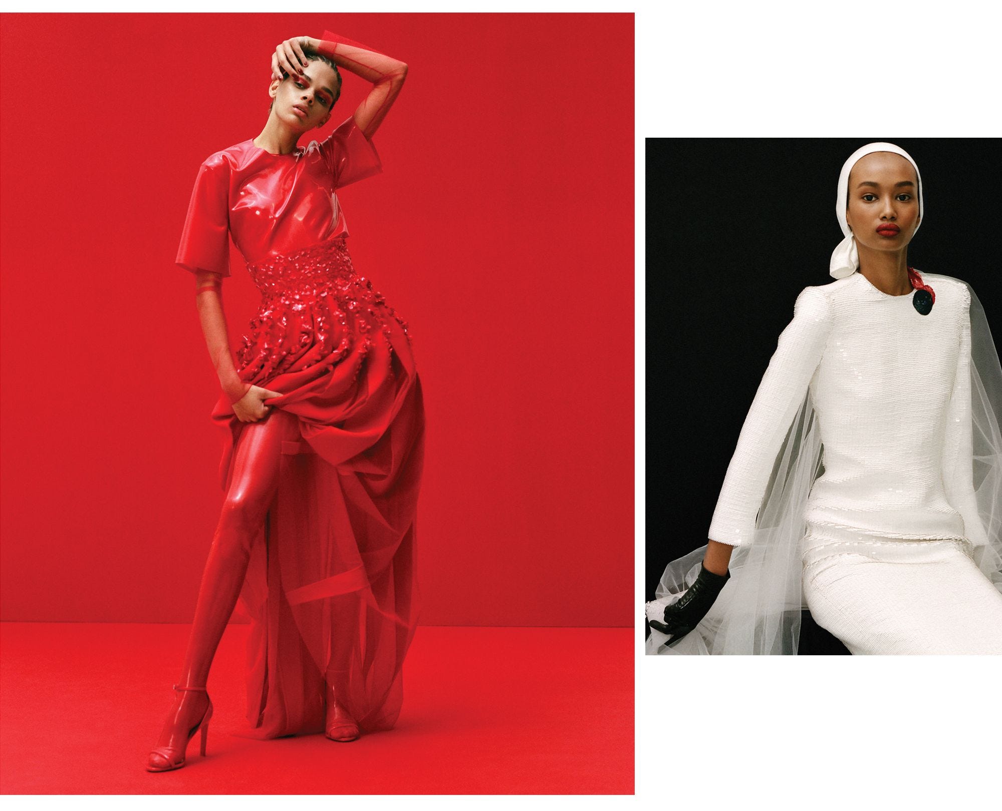 Fashion model, Clothing, Red, Dress, Fashion, Formal wear, Haute couture, Neck, Shoulder, Gown, 