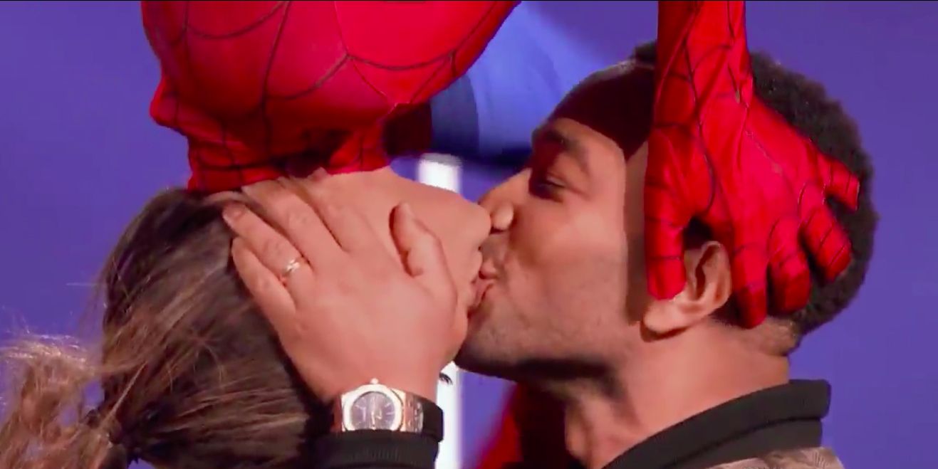 Chrissy Teigen and John Legend Recreate 'Spider-Man' Kiss - Chrissy Teigen,  John Legend Spider-Man Kiss