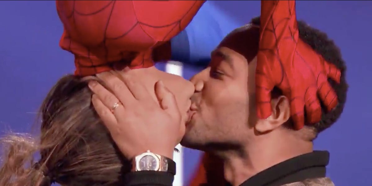 Chrissy Teigen and John Legend Recreate 'Spider-Man' Kiss - Chrissy Teigen,  John Legend Spider-Man Kiss