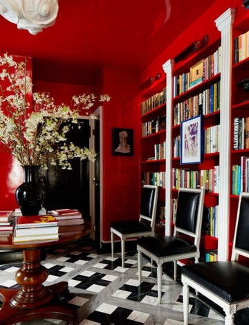 Room, Interior design, Lighting, Wood, Shelf, Red, Bookcase, Furniture, Shelving, Wall, 