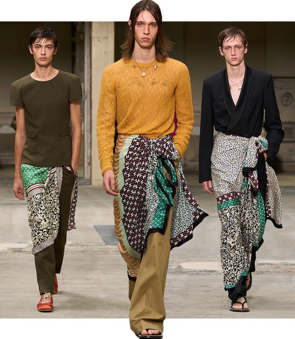 fashion models showcasing contemporary attire with unique layering and patterns