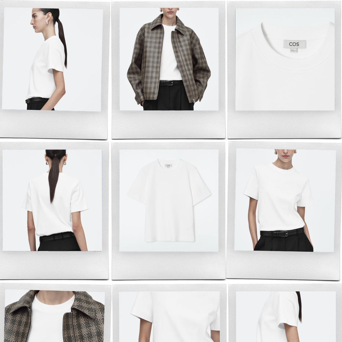 a collage of the cos clean cut white tee