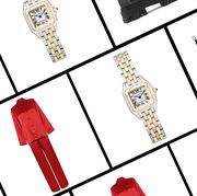 a collage with several items bazaar editors want to give and get for the holiday season including la perla pajamas, cartier watches, and a ganni boot