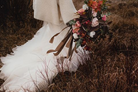 Dress, Bride, Wedding dress, Tree, Grass, Gown, Plant, Spring, Flower, Bridal clothing, 