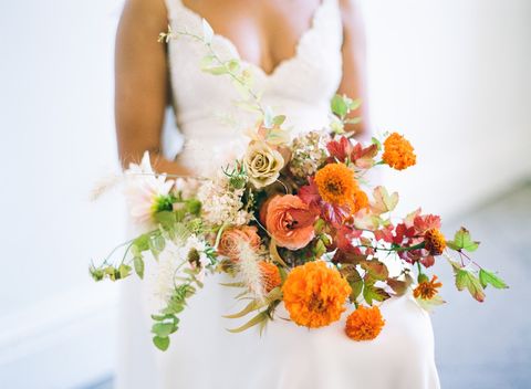 Bouquet, Flower Arranging, Flower, Photograph, Floristry, Floral design, Orange, Yellow, Dress, Cut flowers, 