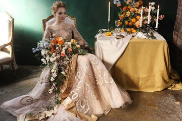 Gown, Dress, Wedding dress, Fashion, Bridal clothing, Floral design, Flower Arranging, Costume design, Floristry, Bride, 