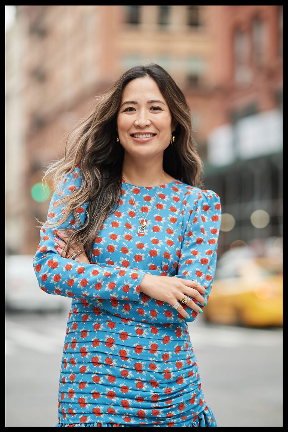 shopbop's fashion buying director wears a blue dress in new york city