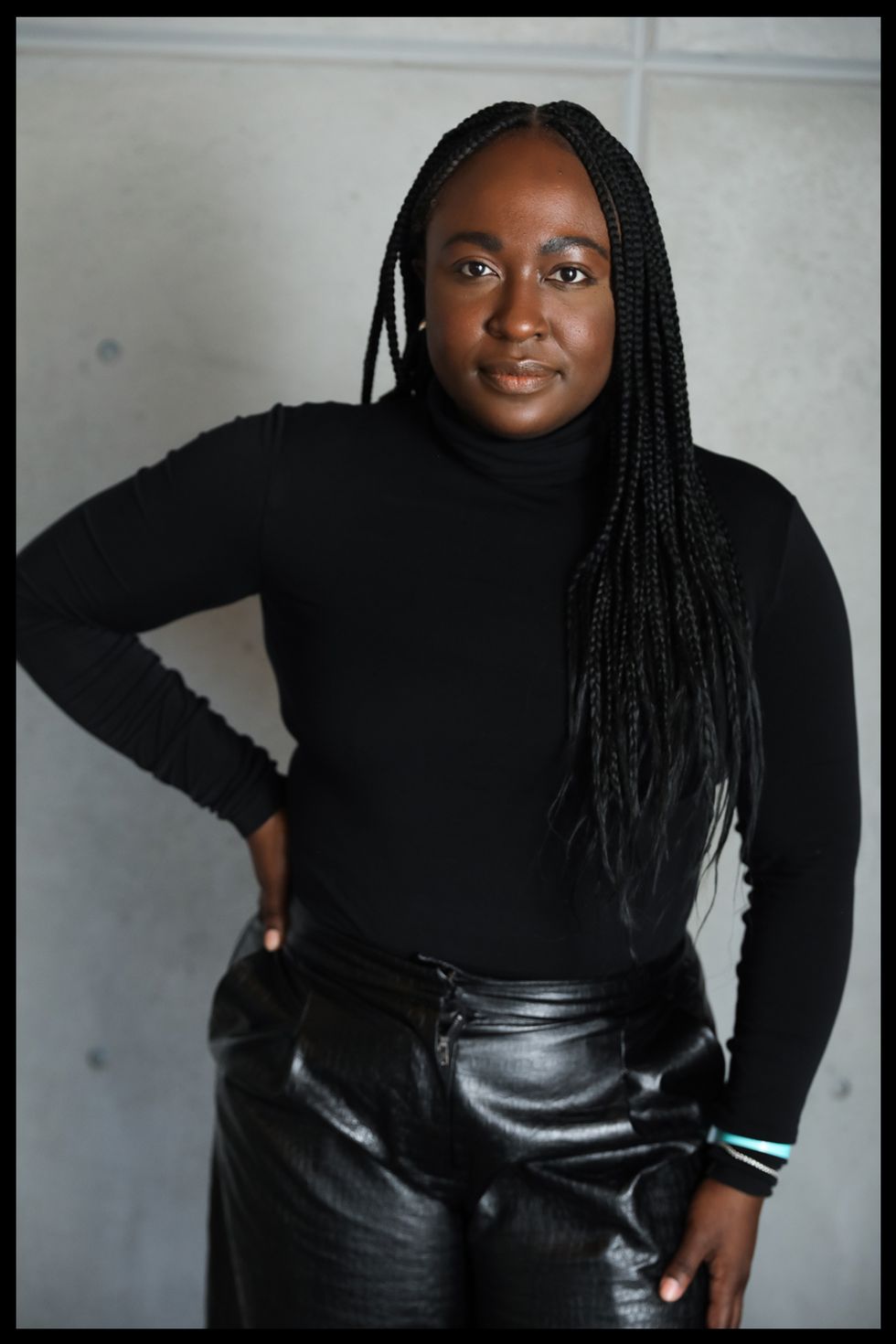 sandrine charles wears an all black outfit for new york fashion week