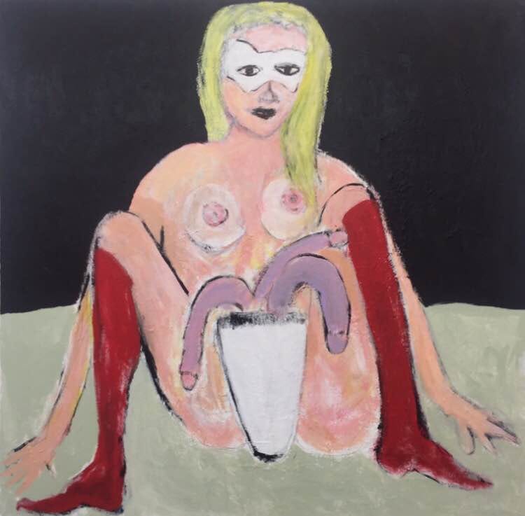 Watercolor paint, Painting, Art, Pink, Modern art, Illustration, Sitting, Acrylic paint, Visual arts, Paint, 