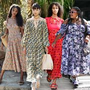 four women walk on runways or in street style wearing floral dresses to illustrate a roundup of the best floral dresses for women 2022