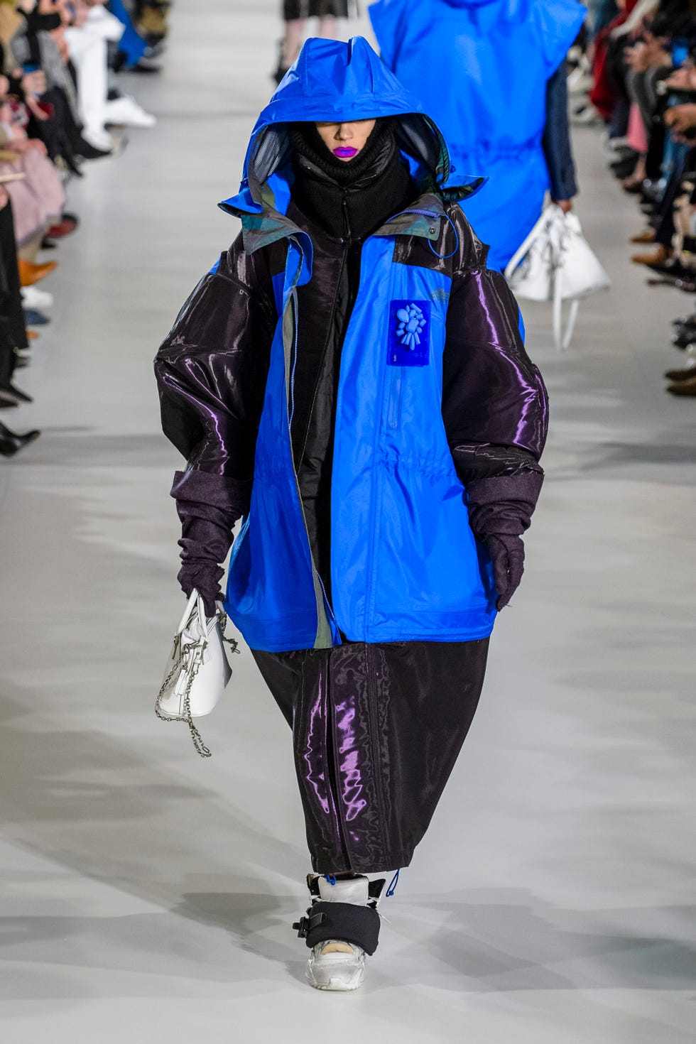 Blue, Fashion, Cobalt blue, Electric blue, Runway, Fashion show, Purple, Outerwear, Jacket, Human, 