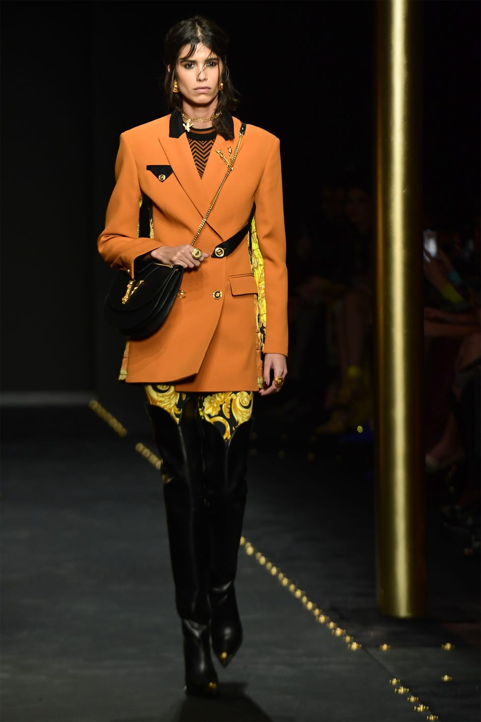 Fashion model, Fashion, Runway, Fashion show, Clothing, Fashion design, Yellow, Outerwear, Human, Haute couture, 