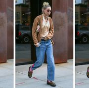 gigi hadid wears reformation loafers to illustrate a post about a reformation winter sale for 2022