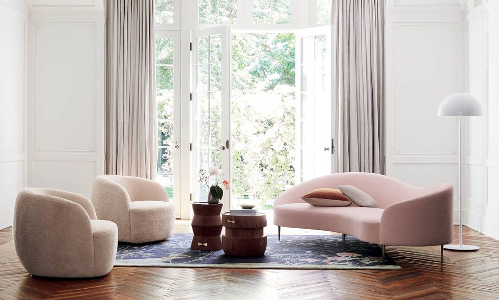 Living room, Furniture, Interior design, Room, Couch, Curtain, Floor, Coffee table, Table, Window covering, 