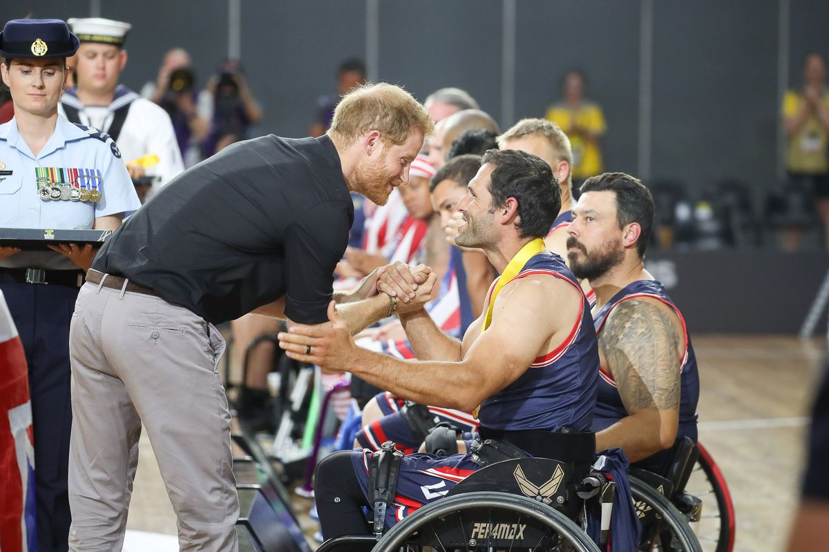 sydney, australia   october 27  prince harry, duke of sussexÊ congratulating the united states team in the wheelchair basketball after winning gold in the finals during day eight of the invictus games sydney 2018 at on october 27, 2018 in sydney, australia  photo by chris jacksongetty images for the invictus games foundation