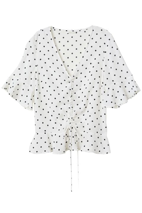 Clothing, White, Pattern, Sleeve, Polka dot, Outerwear, Design, Blouse, Top, Cover-up, 