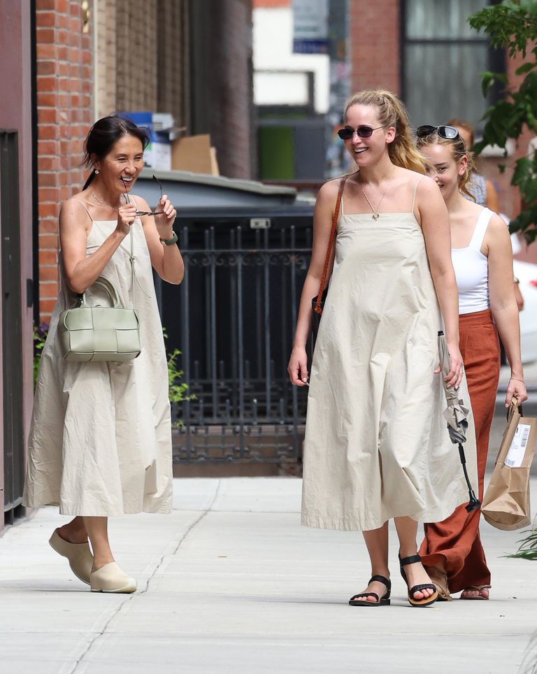 Jennifer Lawrence Stays Cool in an Airy Beige Dress