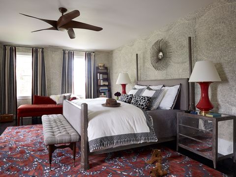 Bedroom, Ceiling fan, Room, Bed, Furniture, Interior design, Property, Red, Floor, Bed frame, 
