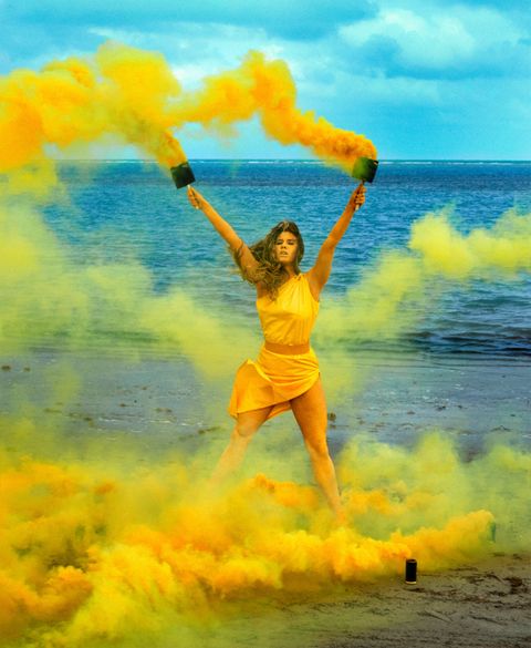 People in nature, Yellow, Happy, Fun, Sky, Sea, Jumping, Photography, Painting, Illustration, 