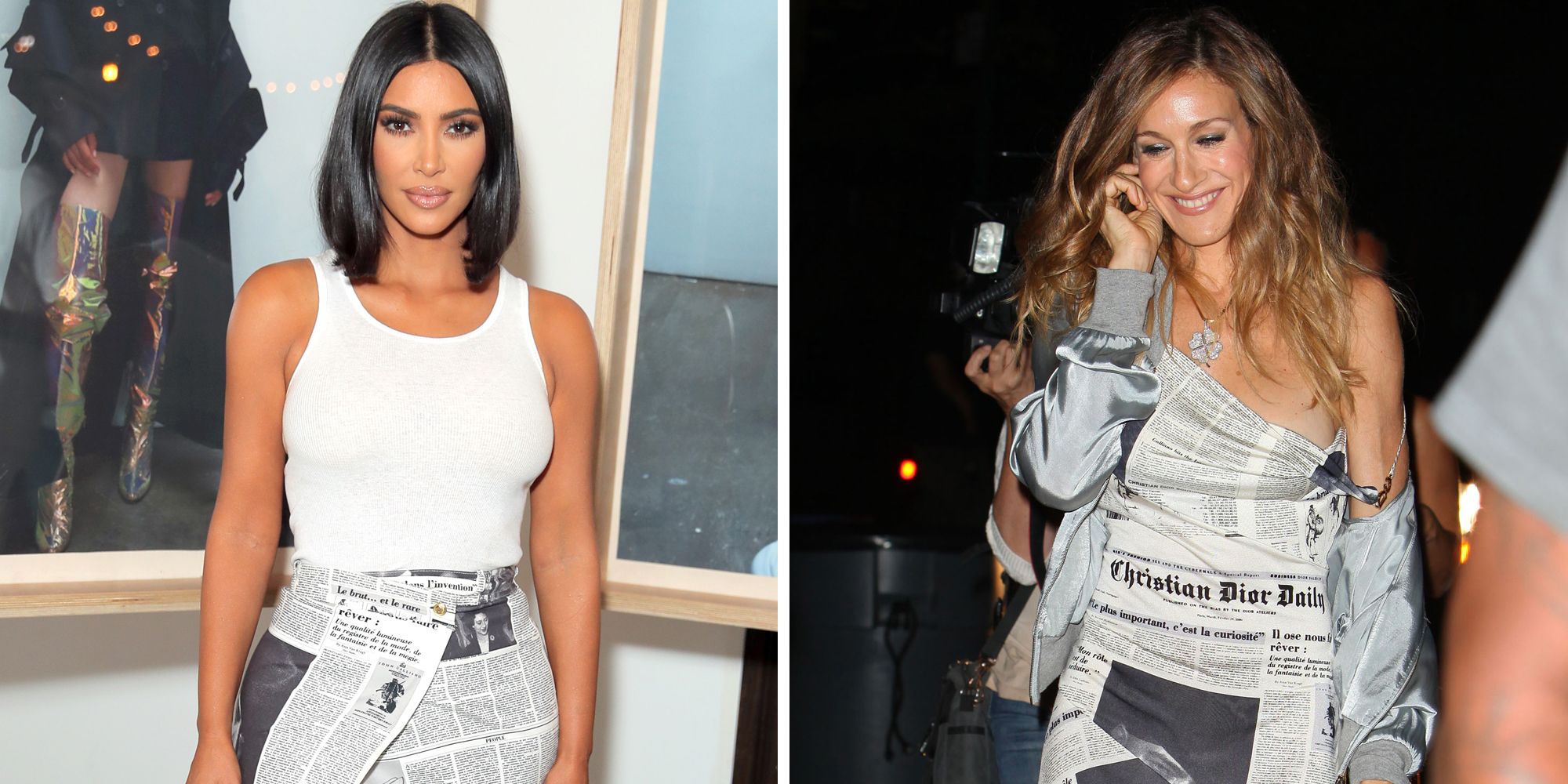 Kim Kardashian Just Twinned with Carrie Bradshaw in a Dior Newspaper Print Skirt