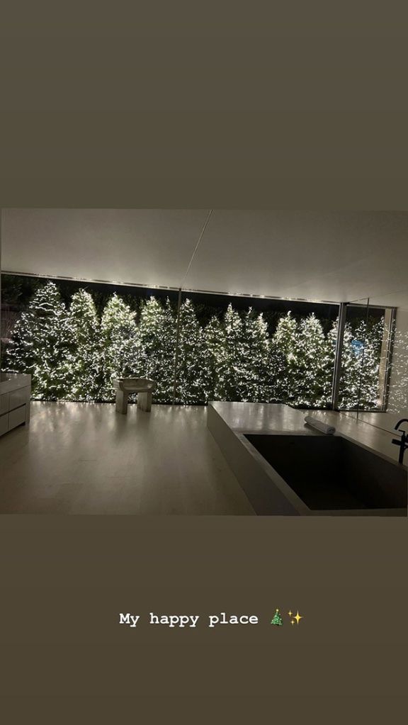 a room with a large window and christmas trees outside