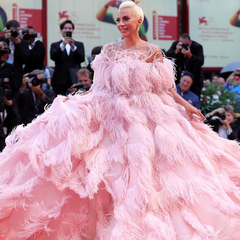 Gaga Wears Pink Feathered Valentino Couture Gown to Venice Film Festival