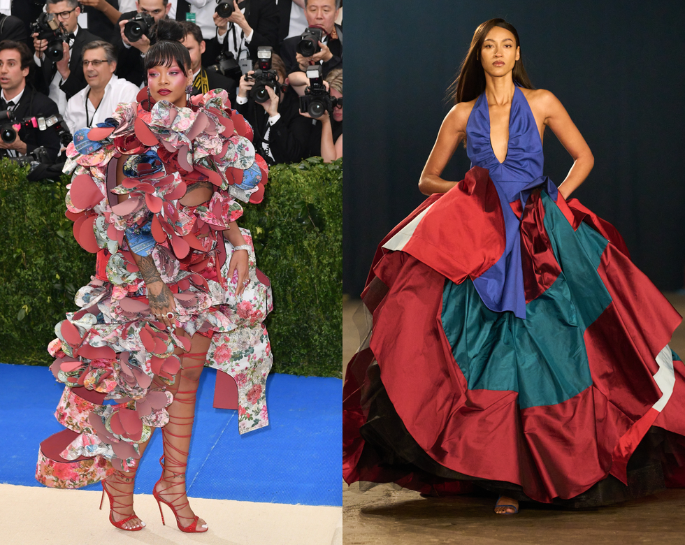 two models showcasing avantgarde fashion designs on a red carpet and runway