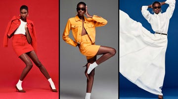fashion shoot featuring three models in vibrant outfits against contrasting backgrounds