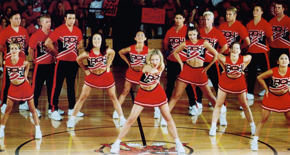 cheerleading squad performing in a gymnasium