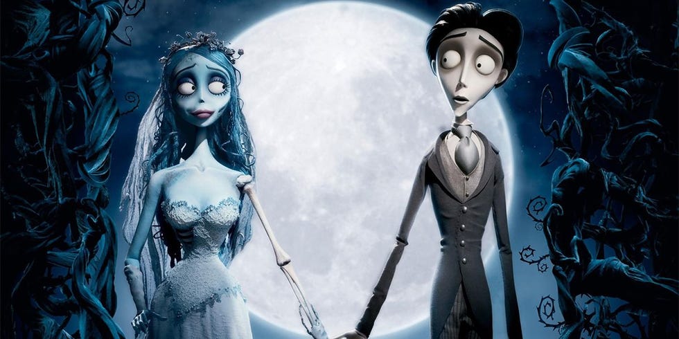 Two characters holding hands in a gothic setting with a full moon backdrop Two characters holding hands in a gothic setting with a full moon backdrop