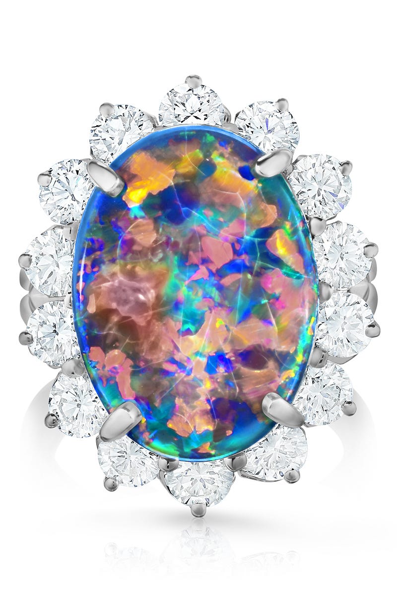 Gemstone, Jewellery, Fashion accessory, Opal, Body jewelry, Diamond, Ring, Oval, Engagement ring, Platinum, 