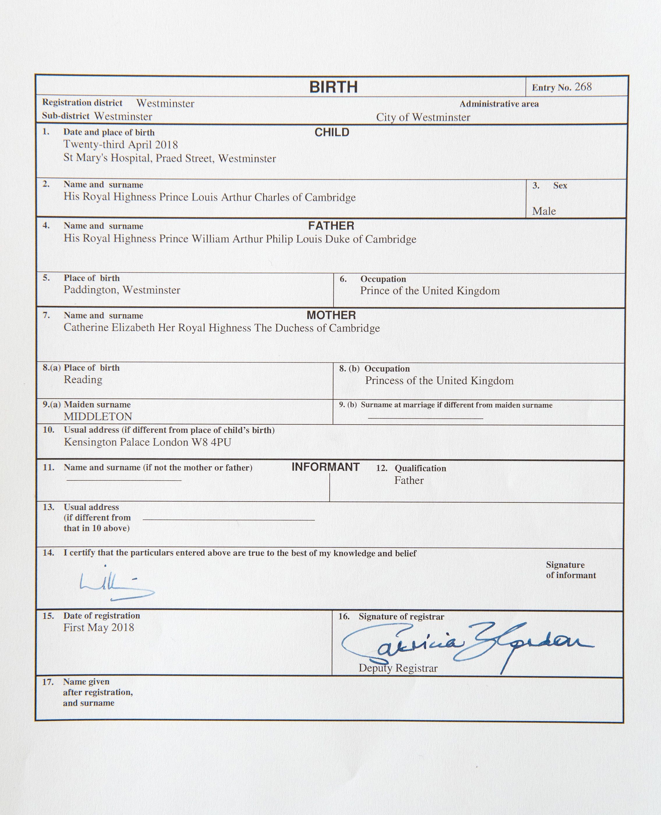 Difference Between Prince Louis' Birth Certificate and His Siblings