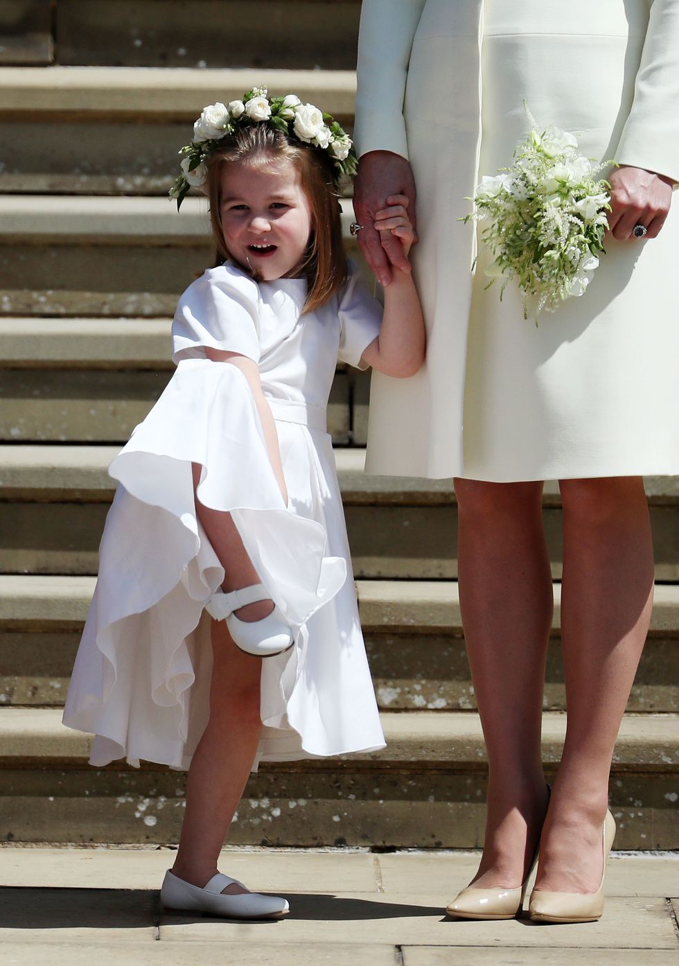 Child, White, Dress, Footwear, Leg, Smile, Ceremony, Headpiece, Flower, Bridal party dress, 