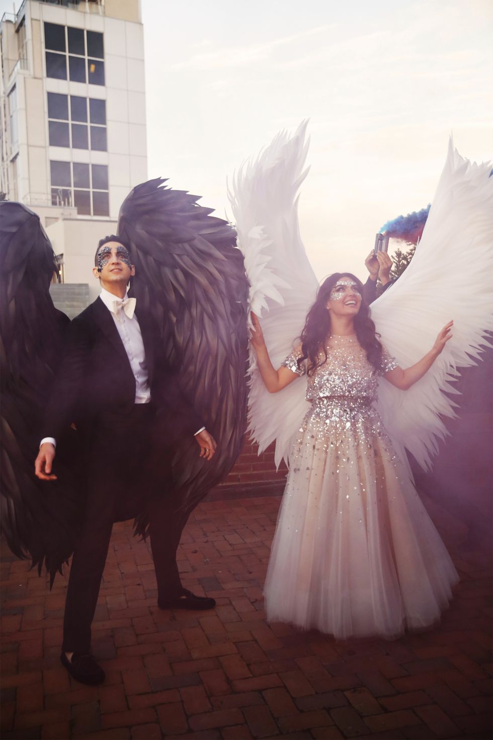 Wing, Angel, Fun, Supernatural creature, Event, Fictional character, Feather, Costume, Smile, Formal wear, 