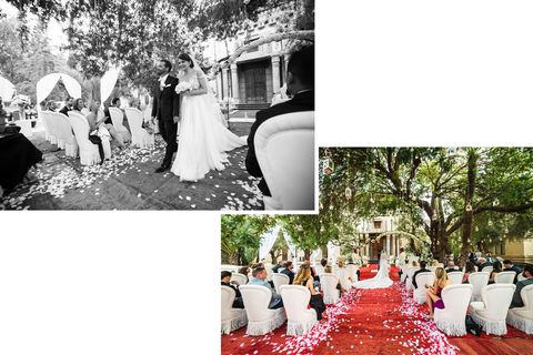 Photograph, Red, Dress, Black-and-white, Pink, Ceremony, Backyard, Bride, Gown, Monochrome photography, 