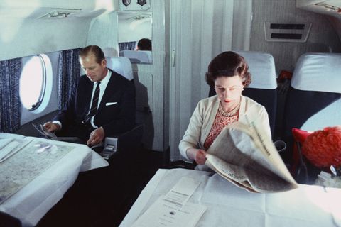 The Queen and Prince Philip on board a private jet, 1969.