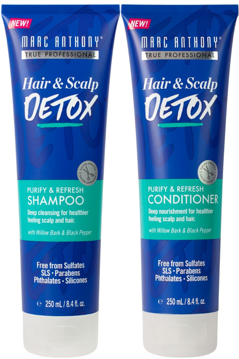 marc anthony true professional hair  scalp detox shampoo and conditioner on white background