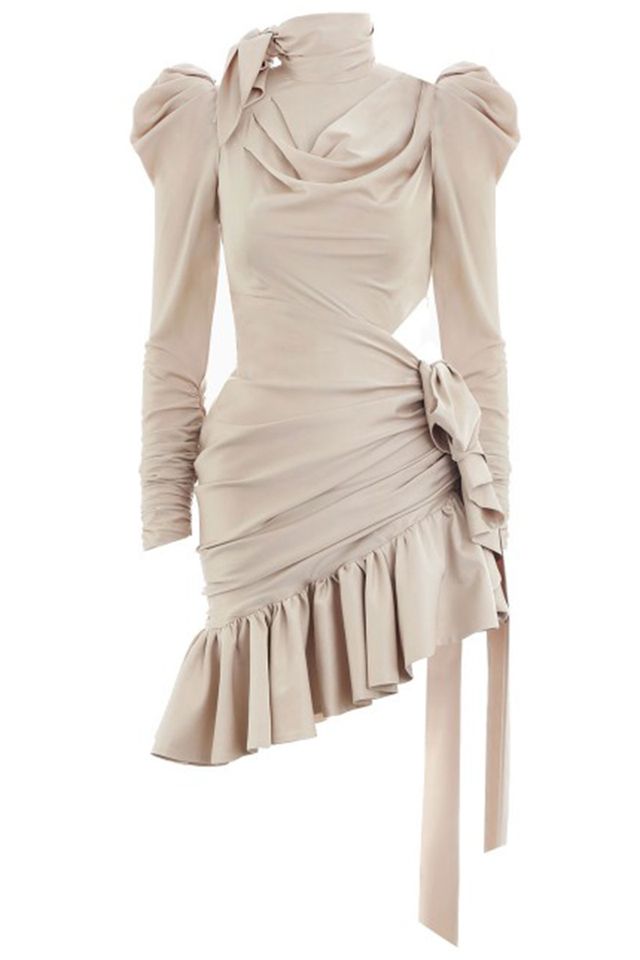 Clothing, Shoulder, Dress, Ruffle, Beige, Cocktail dress, Sleeve, Outerwear, Joint, Day dress, 