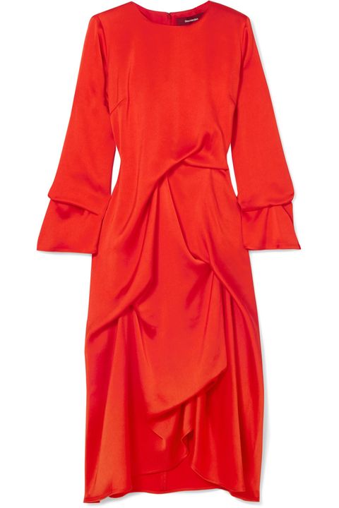 Clothing, Red, Dress, Orange, Day dress, Sleeve, Cocktail dress, Outerwear, Textile, Neck, 